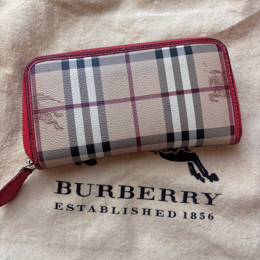 Burberry Red and Tan Wallets with Iconic Check Pattern